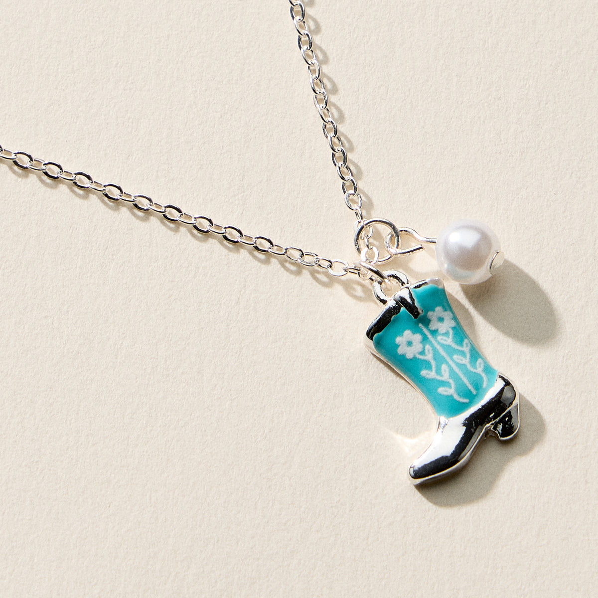 Boot Enamel Necklace – Cowboy Boot Pendant with Printed Detail & Pearl Accent
