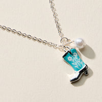 Boot Enamel Necklace – Cowboy Boot Pendant with Printed Detail & Pearl Accent