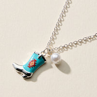 Boot Enamel Necklace – Cowboy Boot Pendant with Printed Detail & Pearl Accent