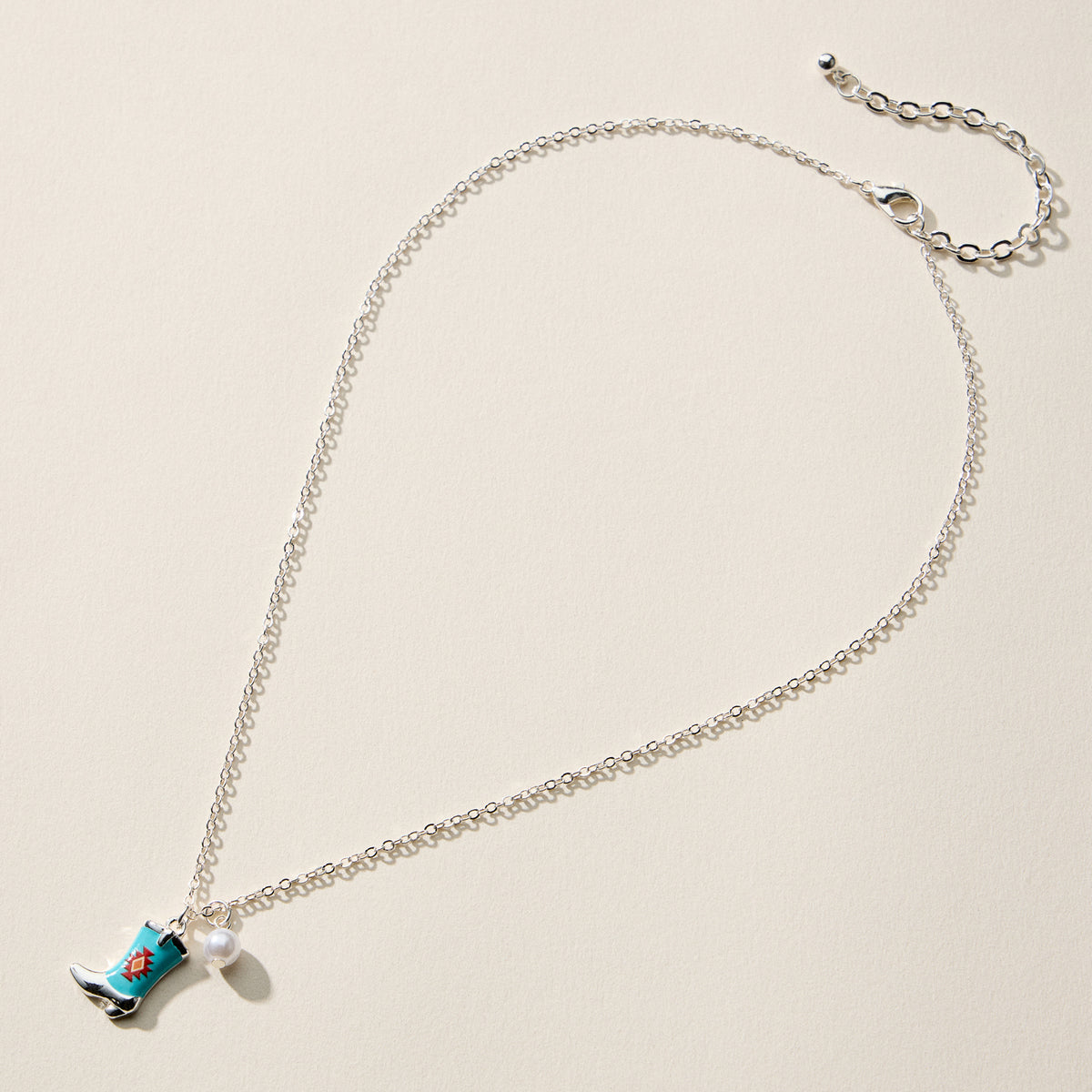 Boot Enamel Necklace – Cowboy Boot Pendant with Printed Detail & Pearl Accent
