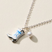 Boot Enamel Necklace – Cowboy Boot Pendant with Printed Detail & Pearl Accent