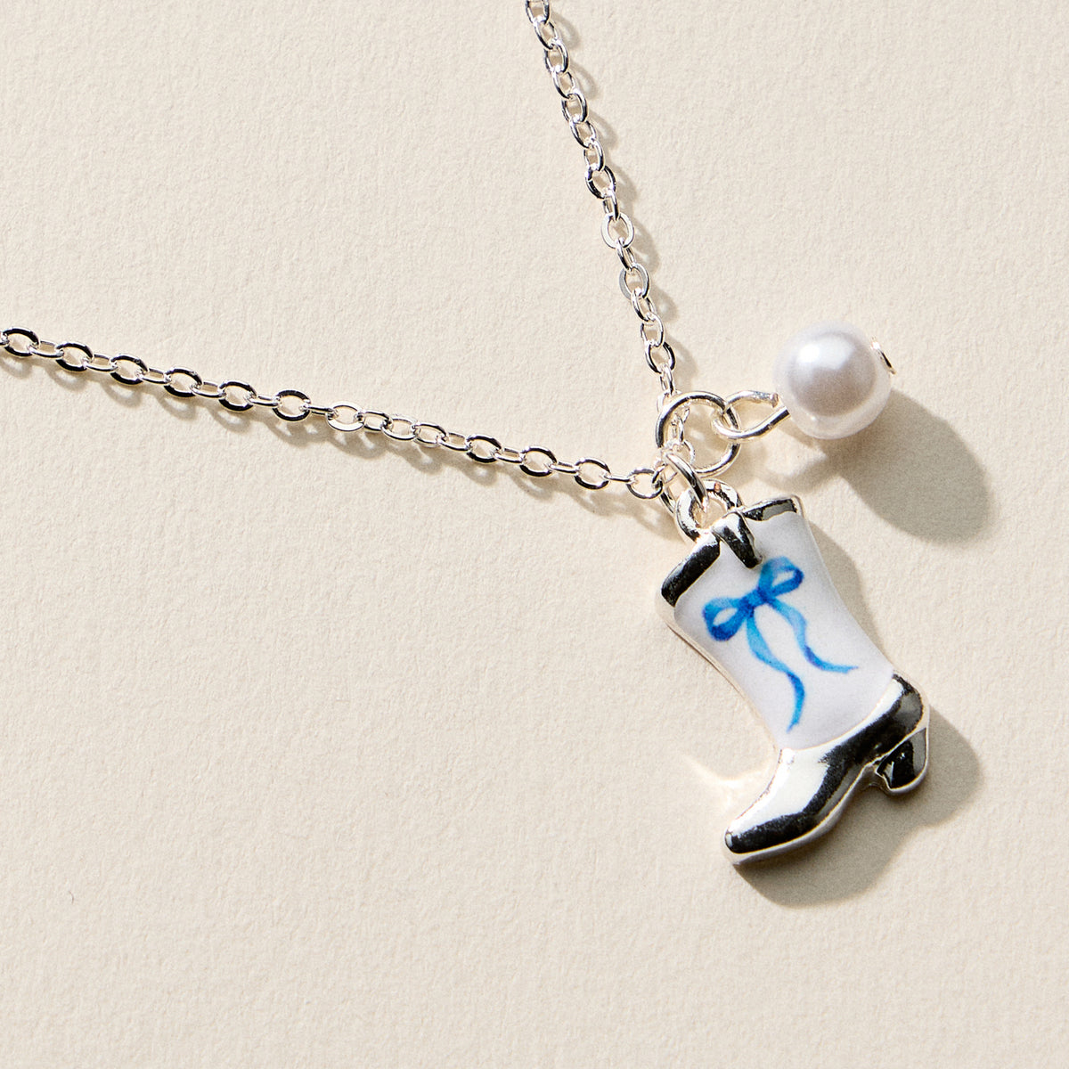 Boot Enamel Necklace – Cowboy Boot Pendant with Printed Detail & Pearl Accent