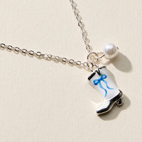 Boot Enamel Necklace – Cowboy Boot Pendant with Printed Detail & Pearl Accent