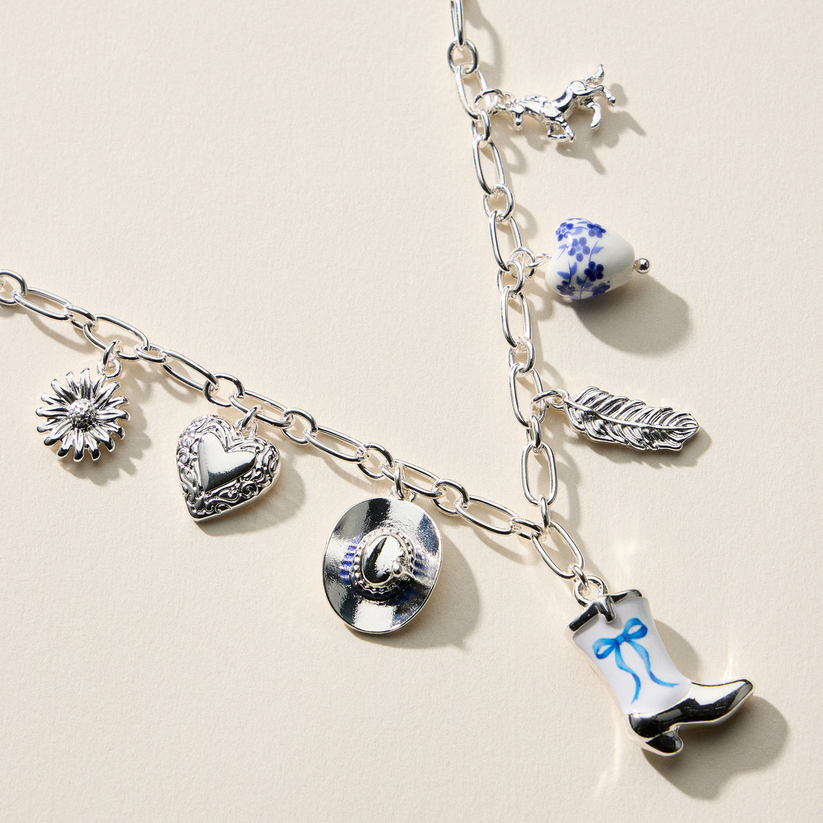 Western Charm Necklace – Mixed Icon Chain with Boot, Hat & Horse Charms and Ceramic Bead
