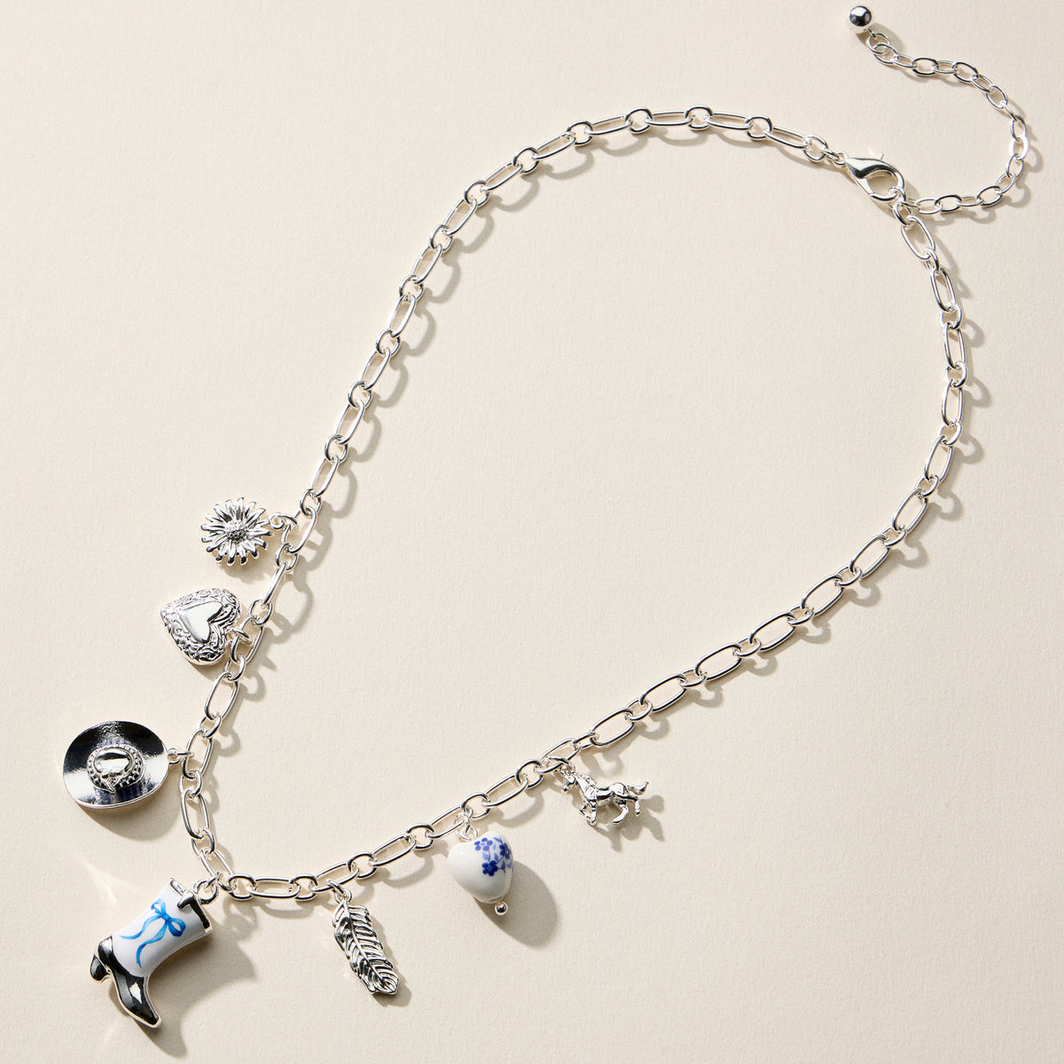 Western Charm Necklace – Mixed Icon Chain with Boot, Hat & Horse Charms and Ceramic Bead