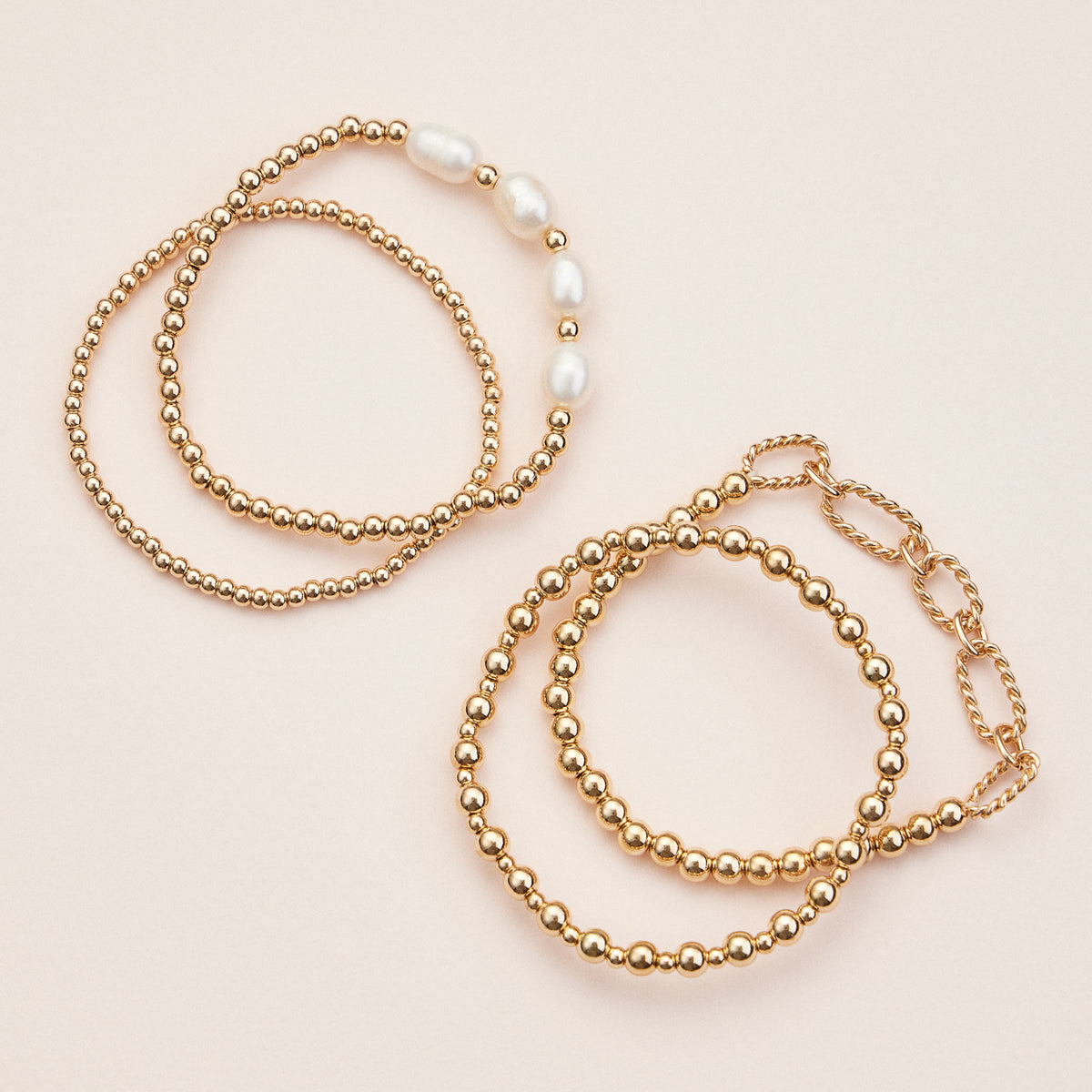 Gold Beaded Stretch Bracelet Set – Dainty Layered Bracelets with Freshwater Pearls & Chain Accent