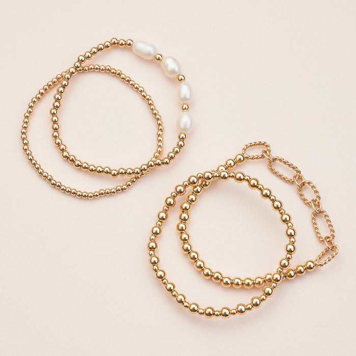 Gold Beaded Stretch Bracelet Set – Dainty Layered Bracelets with Freshwater Pearls & Chain Accent