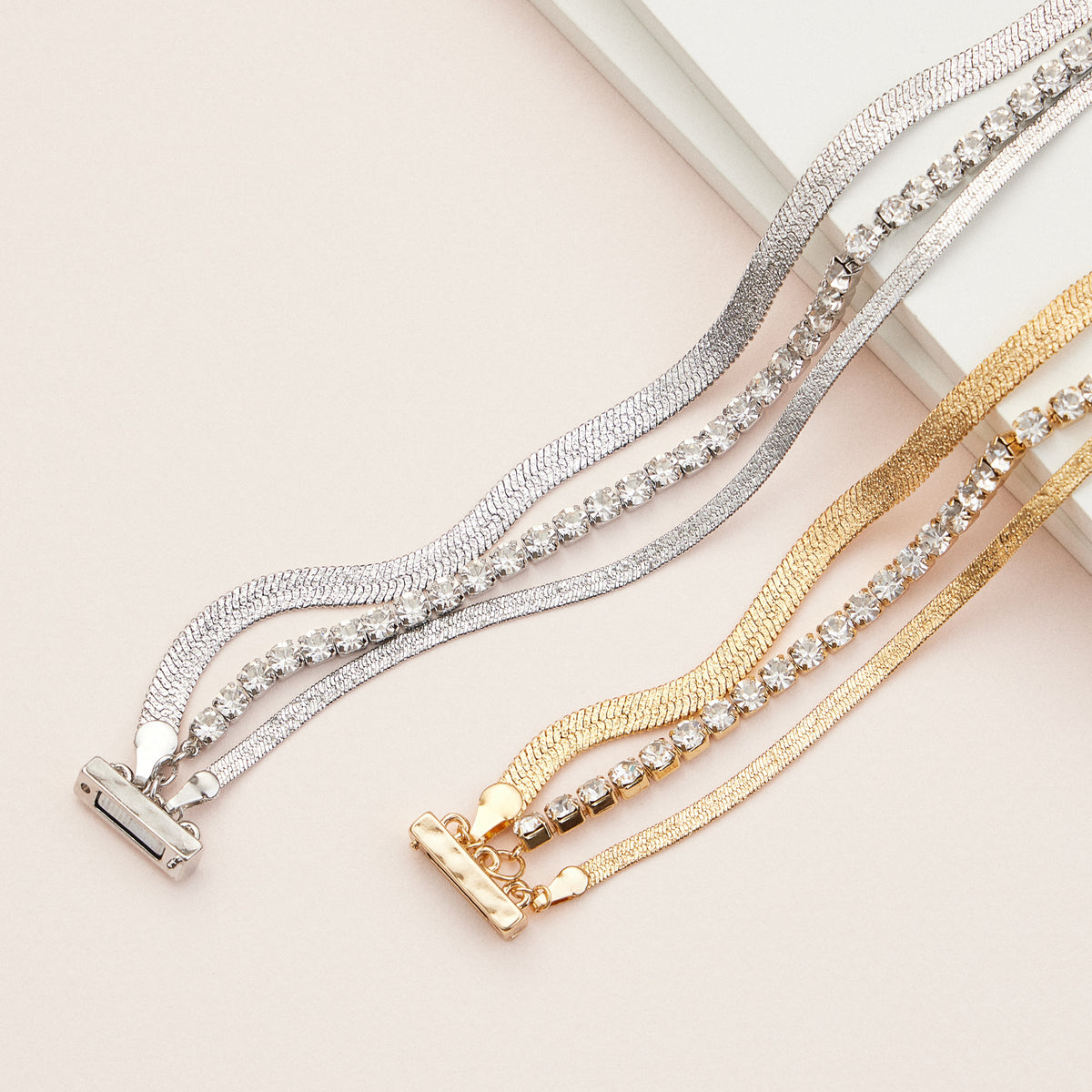 Crystal Rhinestone & Metal Magnetic Bracelet – Elegant Multi-Layered Chain Bracelet in Gold or Silver