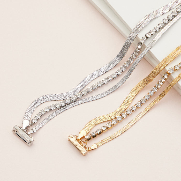 Crystal Rhinestone & Metal Magnetic Bracelet – Elegant Multi-Layered Chain Bracelet in Gold or Silver