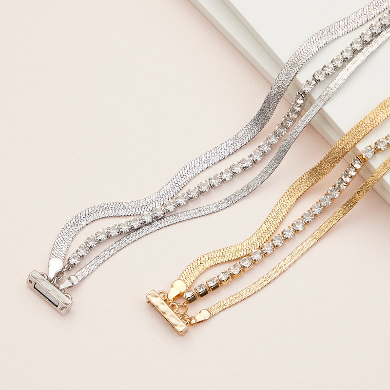 Crystal Rhinestone & Metal Magnetic Bracelet – Elegant Multi-Layered Chain Bracelet in Gold or Silver