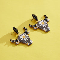 WOODEN COW HORNED HEAD EARRINGS