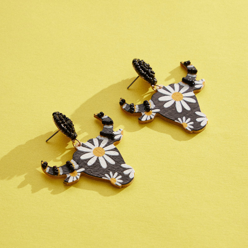 WOODEN COW HORNED HEAD EARRINGS