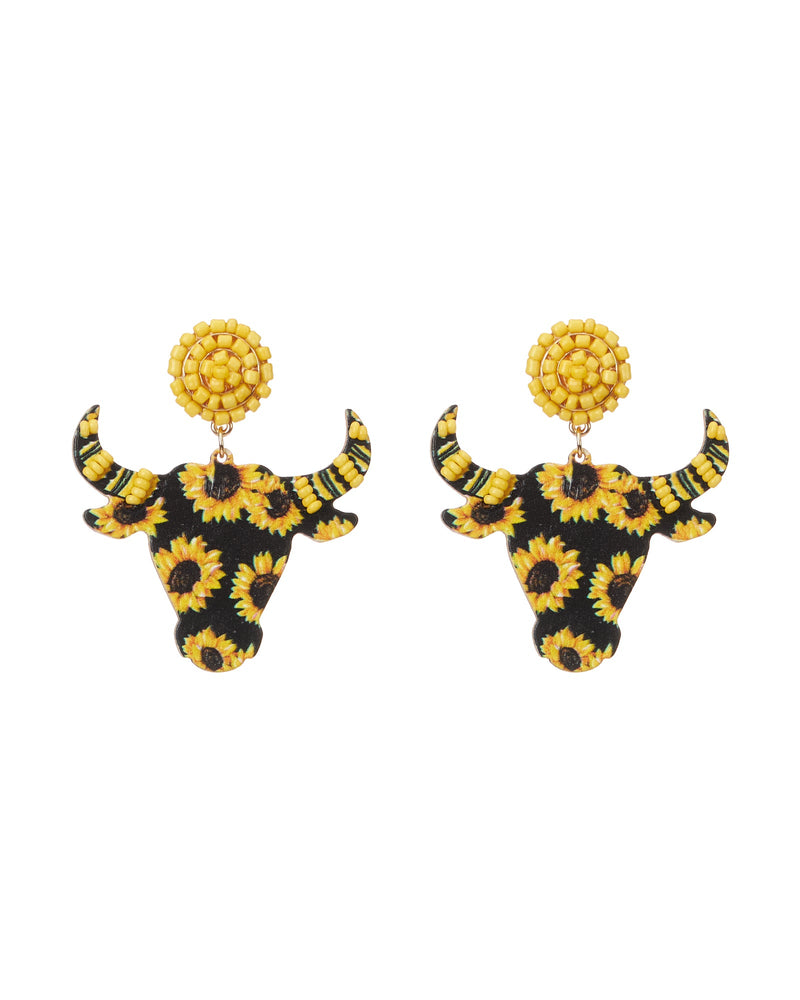 WOODEN COW HORNED HEAD EARRINGS