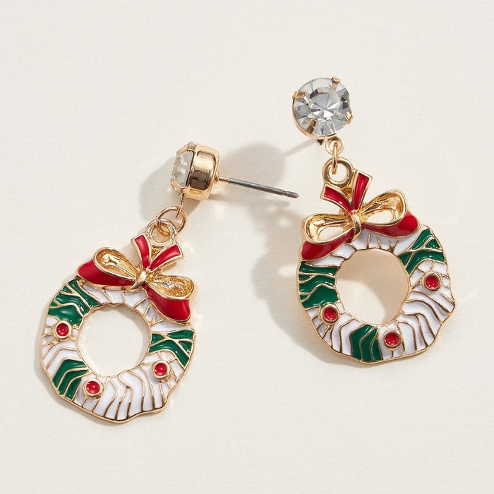 Christmas Bow Wreath Enamel Drop Earrings