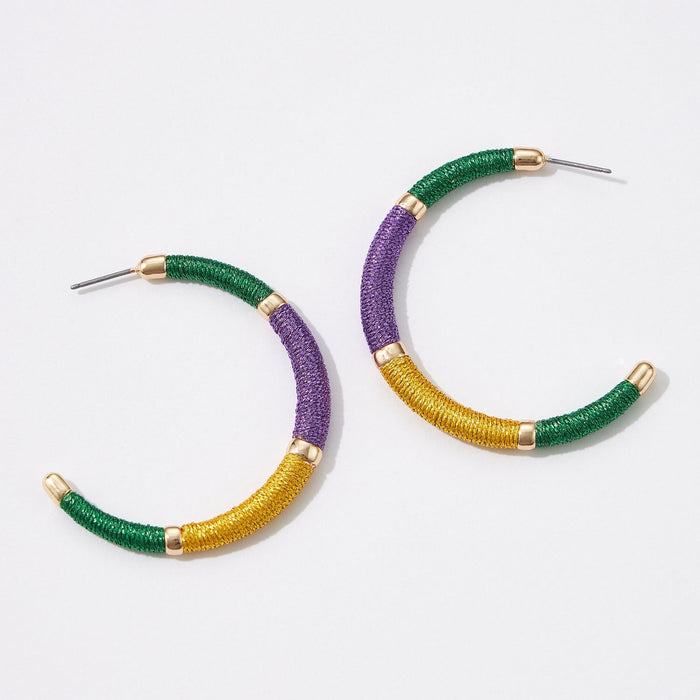Handmade Thread Wrap Mardi Gras Hoop Earrings