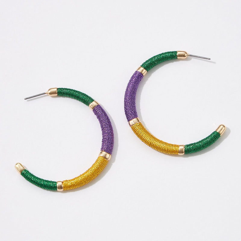 Handmade Thread Wrap Mardi Gras Hoop Earrings