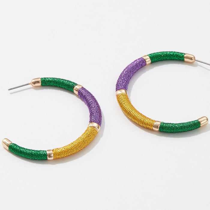 Handmade Thread Wrap Mardi Gras Hoop Earrings