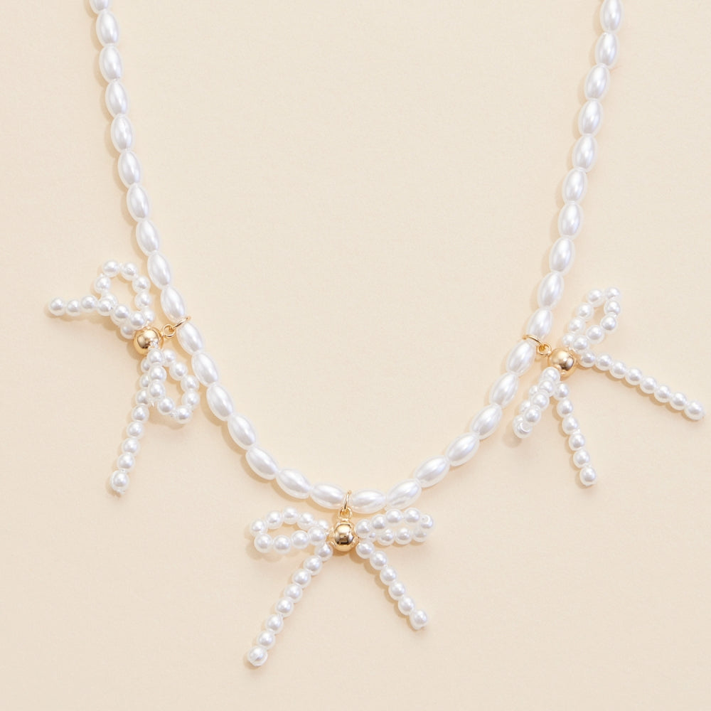 Pearl Beaded Bow Charms Necklace
