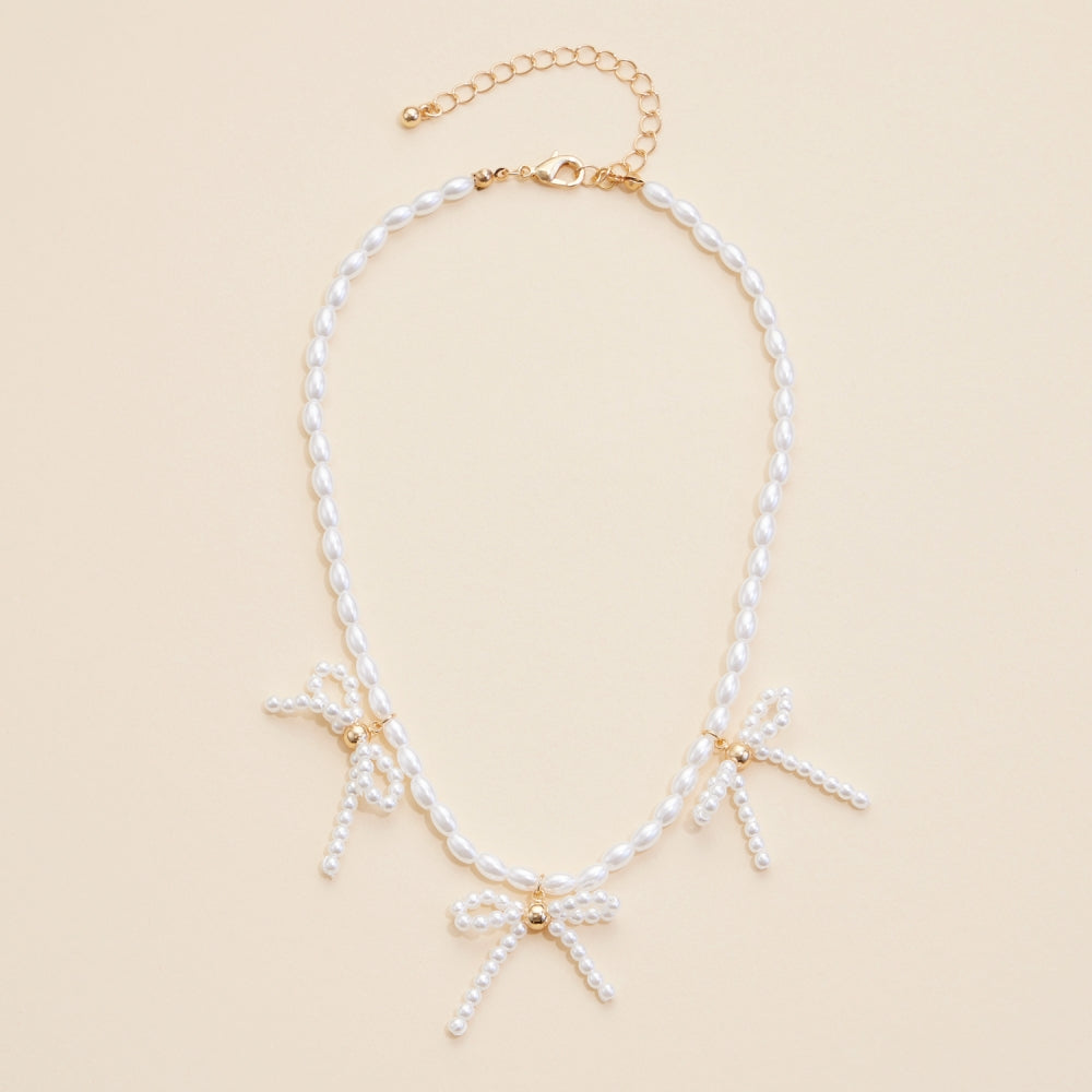 Pearl Beaded Bow Charms Necklace