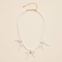 Pearl Beaded Bow Charms Necklace