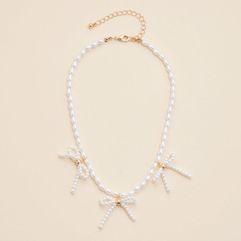 Pearl Beaded Bow Charms Necklace