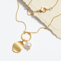 Gold Dipped Organic Oval Charm and Pearl Necklace
