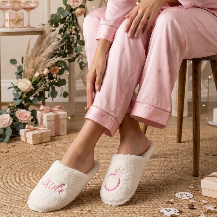 Fuzzy Bride Slippers with Diamond Ring Design