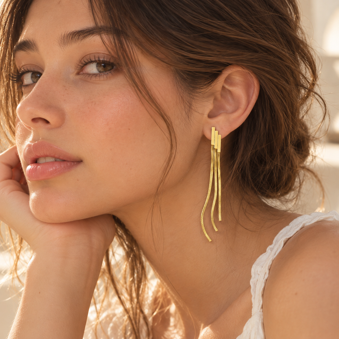 18K Gold Dipped Triple Tassel Earrings | Stainless Steel Jewelry