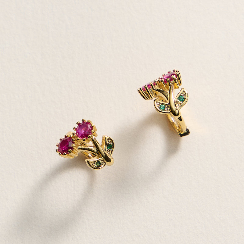 Gold-Dipped Ruby & Emerald Flower Stud Earrings – Made in Korea
