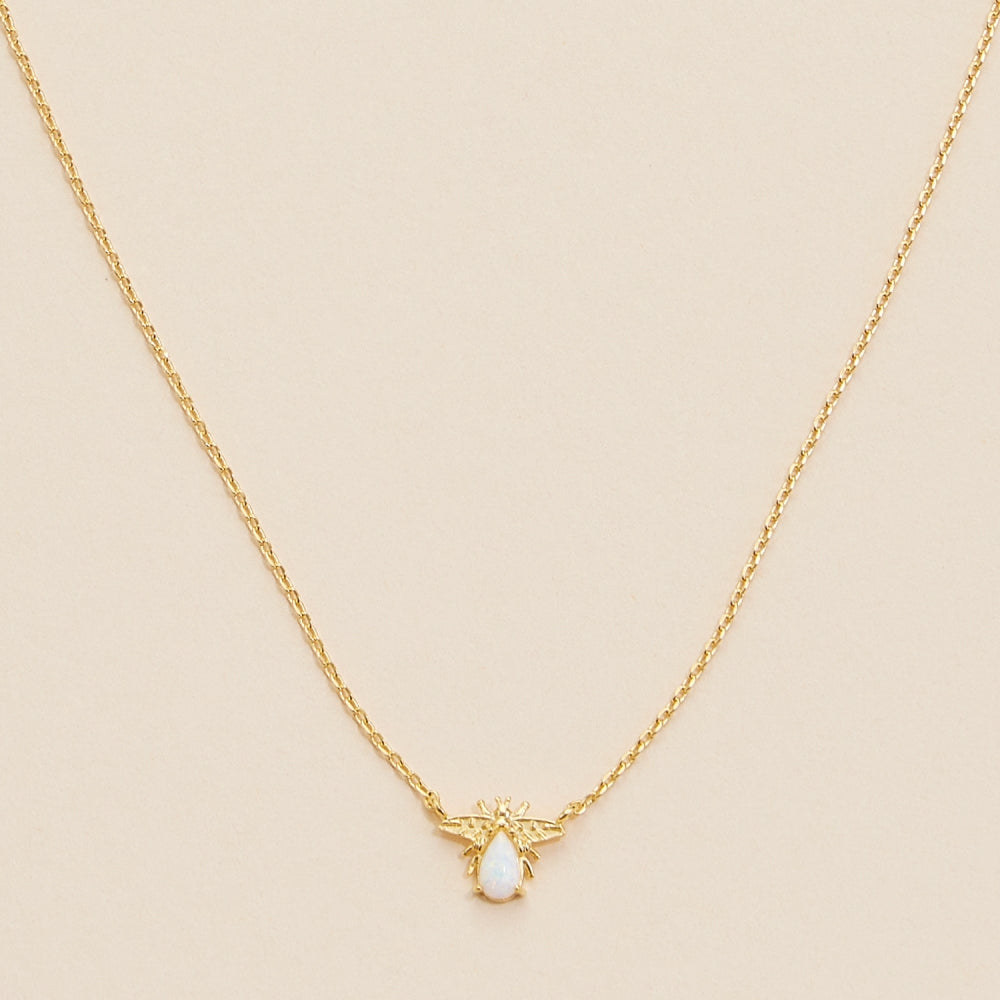 14K Gold Dip White Opal Charm Short Necklace