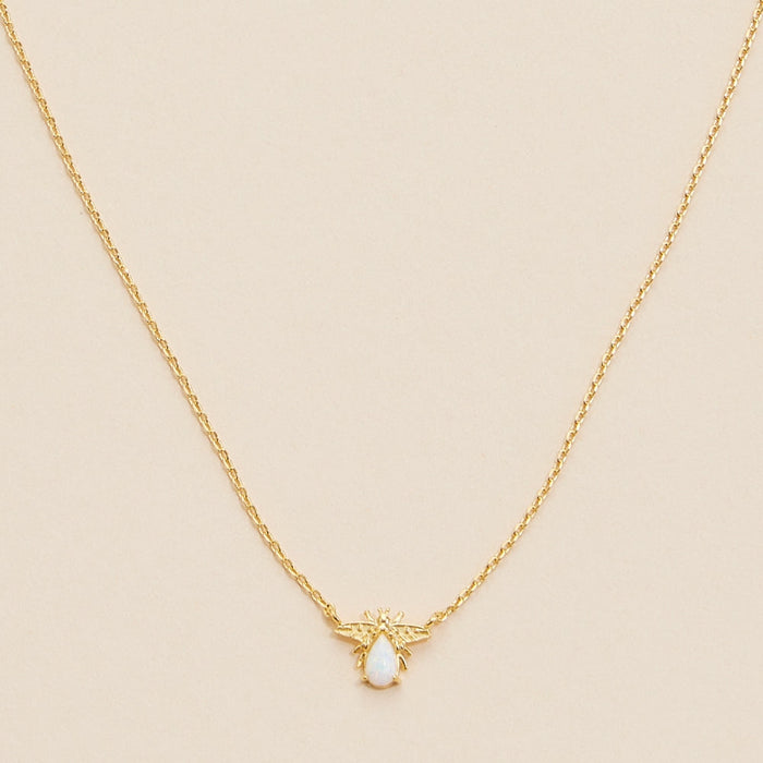 14K Gold Dip White Opal Charm Short Necklace