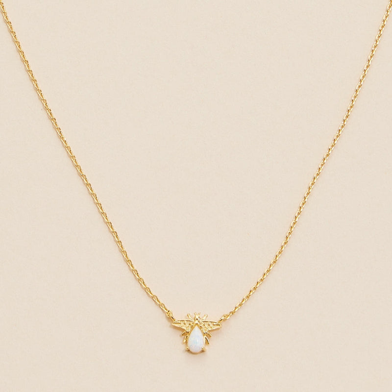14K Gold Dip White Opal Charm Short Necklace