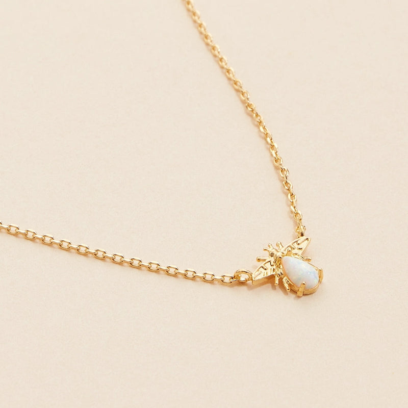 14K Gold Dip White Opal Charm Short Necklace