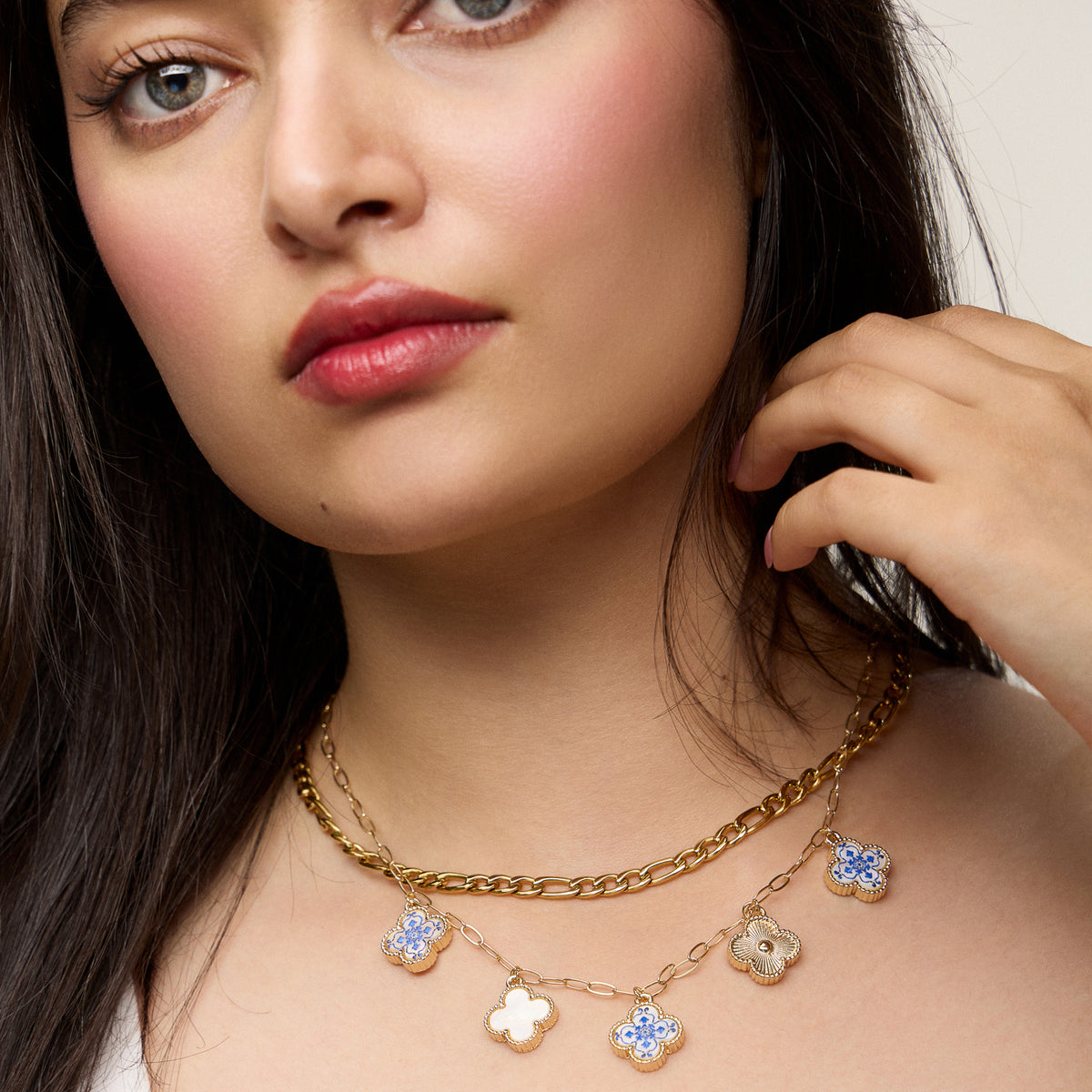 Blue Floral & Pearl Clover Charm Necklace