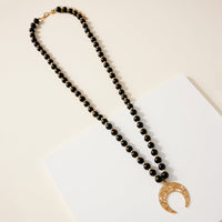 Wood Bead Crescent Pendant Necklace
