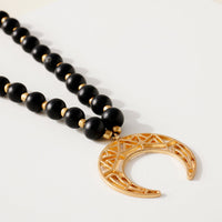 Wood Bead Crescent Pendant Necklace