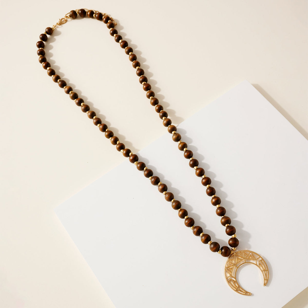 Wood Bead Crescent Pendant Necklace