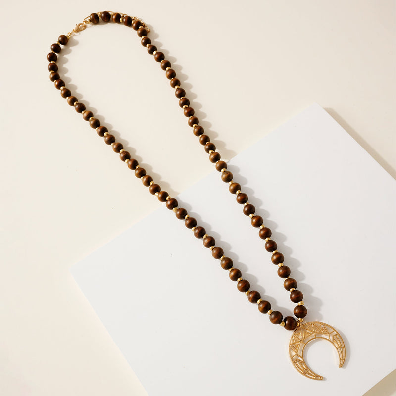 Wood Bead Crescent Pendant Necklace