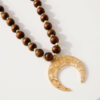 Wood Bead Crescent Pendant Necklace