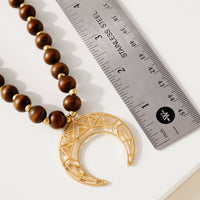 Wood Bead Crescent Pendant Necklace
