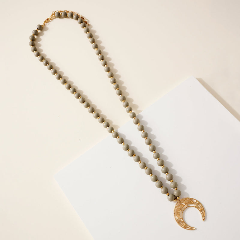 Wood Bead Crescent Pendant Necklace