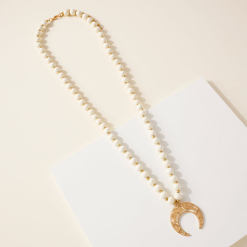 Wood Bead Crescent Pendant Necklace