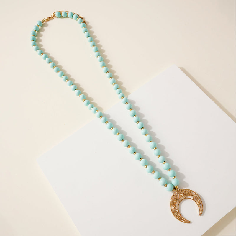 Wood Bead Crescent Pendant Necklace