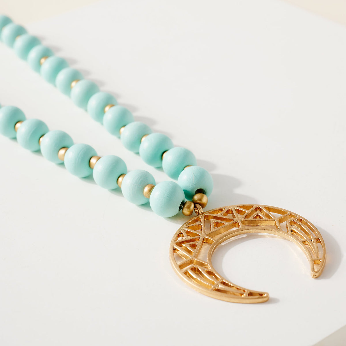 Wood Bead Crescent Pendant Necklace