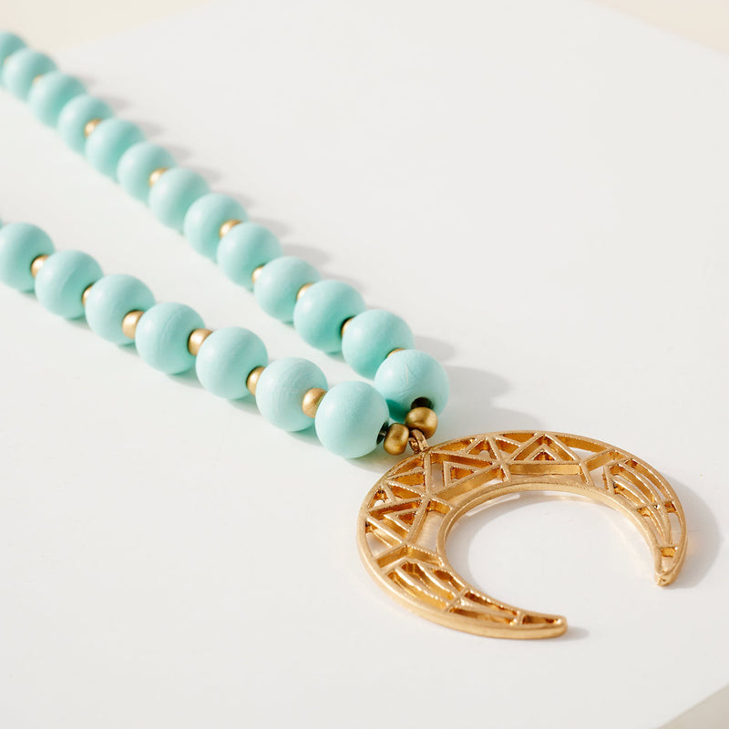 Wood Bead Crescent Pendant Necklace