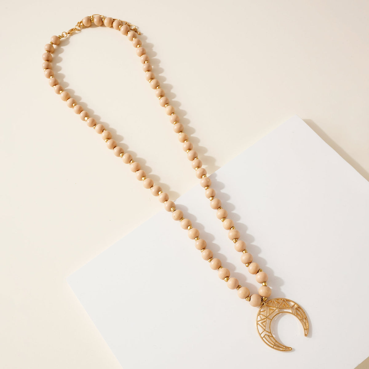 Wood Bead Crescent Pendant Necklace