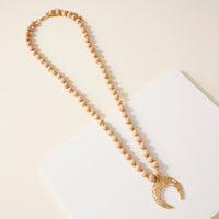 Wood Bead Crescent Pendant Necklace