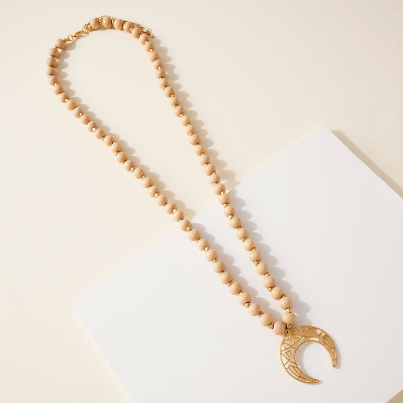 Wood Bead Crescent Pendant Necklace