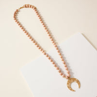 Wood Bead Crescent Pendant Necklace