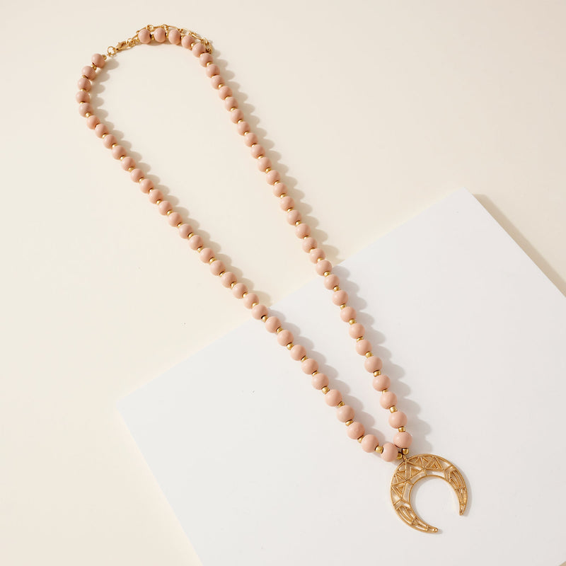 Wood Bead Crescent Pendant Necklace